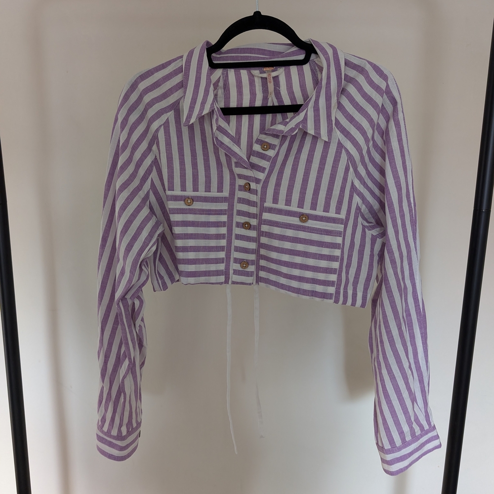 Purple and White Striped Cropped Shirt